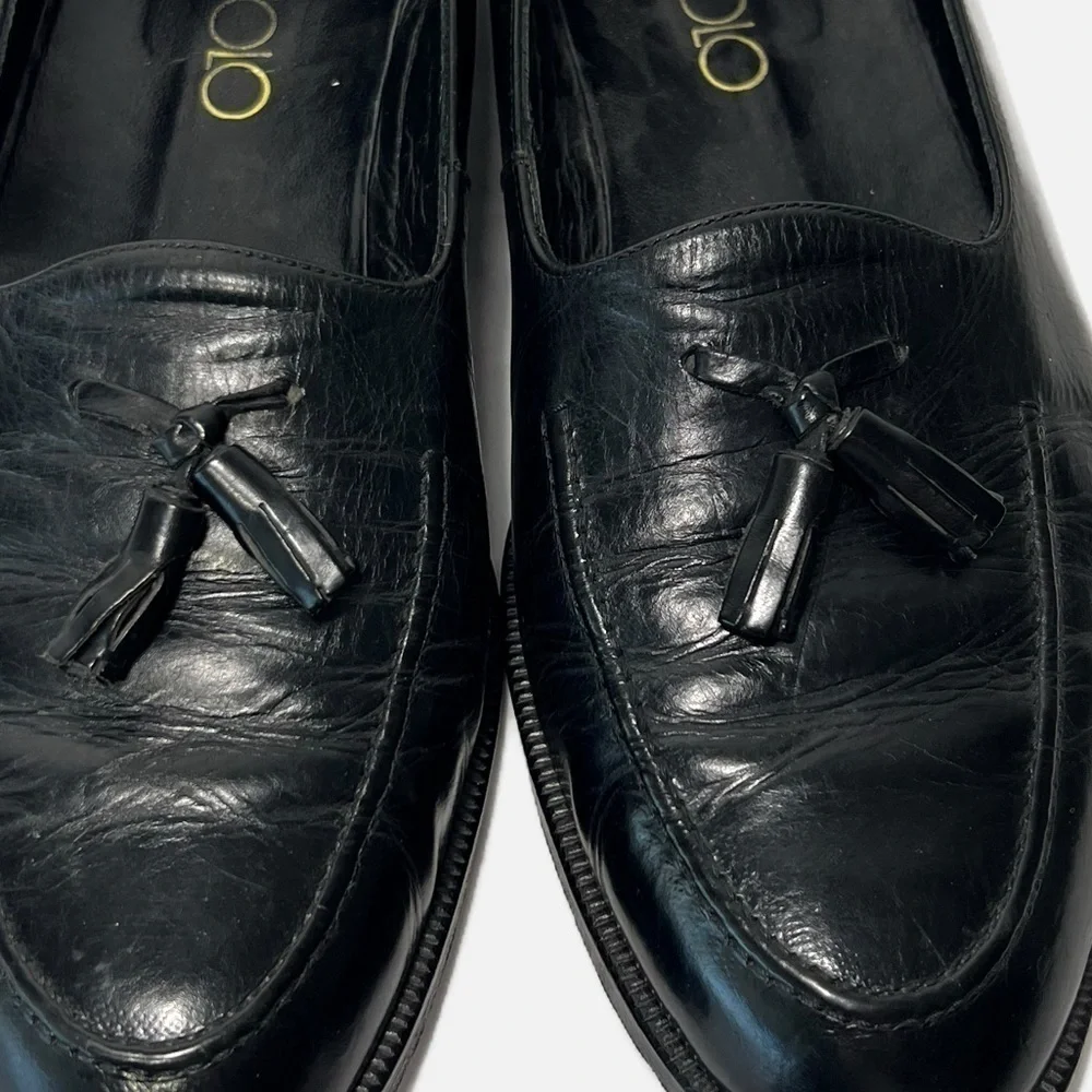 Vito Rufolo Black Loafers Italian Leather Tassled Slip On Mens size 11.5